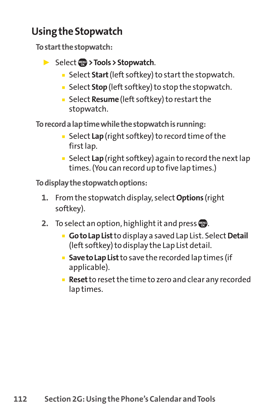 Using the stopwatch | Sprint Nextel Telephone User Manual | Page 128 / 236