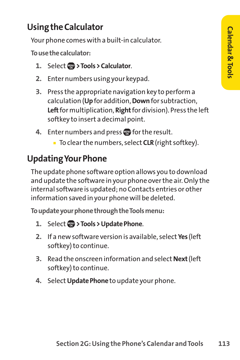 Using the calculator, Updating your phone | Sprint Nextel Telephone User Manual | Page 129 / 236