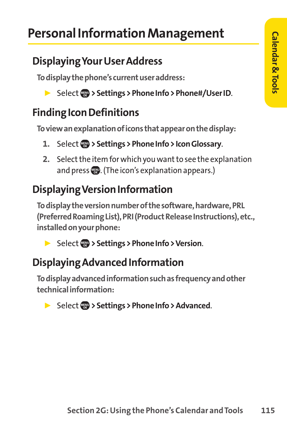 Personal information management, Displaying your user address, Finding icon definitions | Displaying version information, Displaying advanced information | Sprint Nextel Telephone User Manual | Page 131 / 236