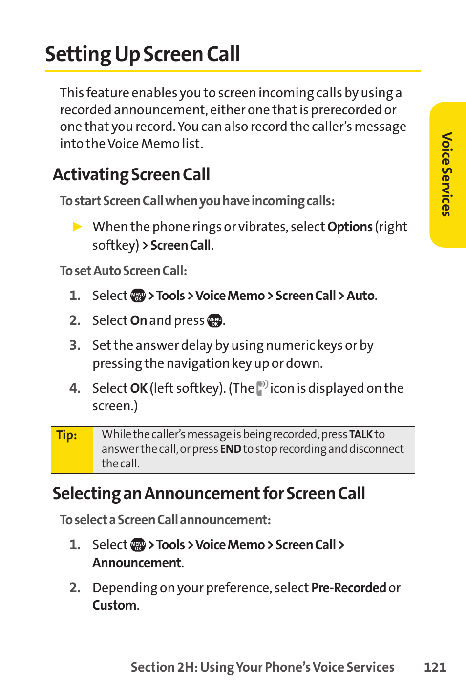 Setting up screen call, Activating screen call, Selecting an announcement for screen call | Sprint Nextel Telephone User Manual | Page 137 / 236