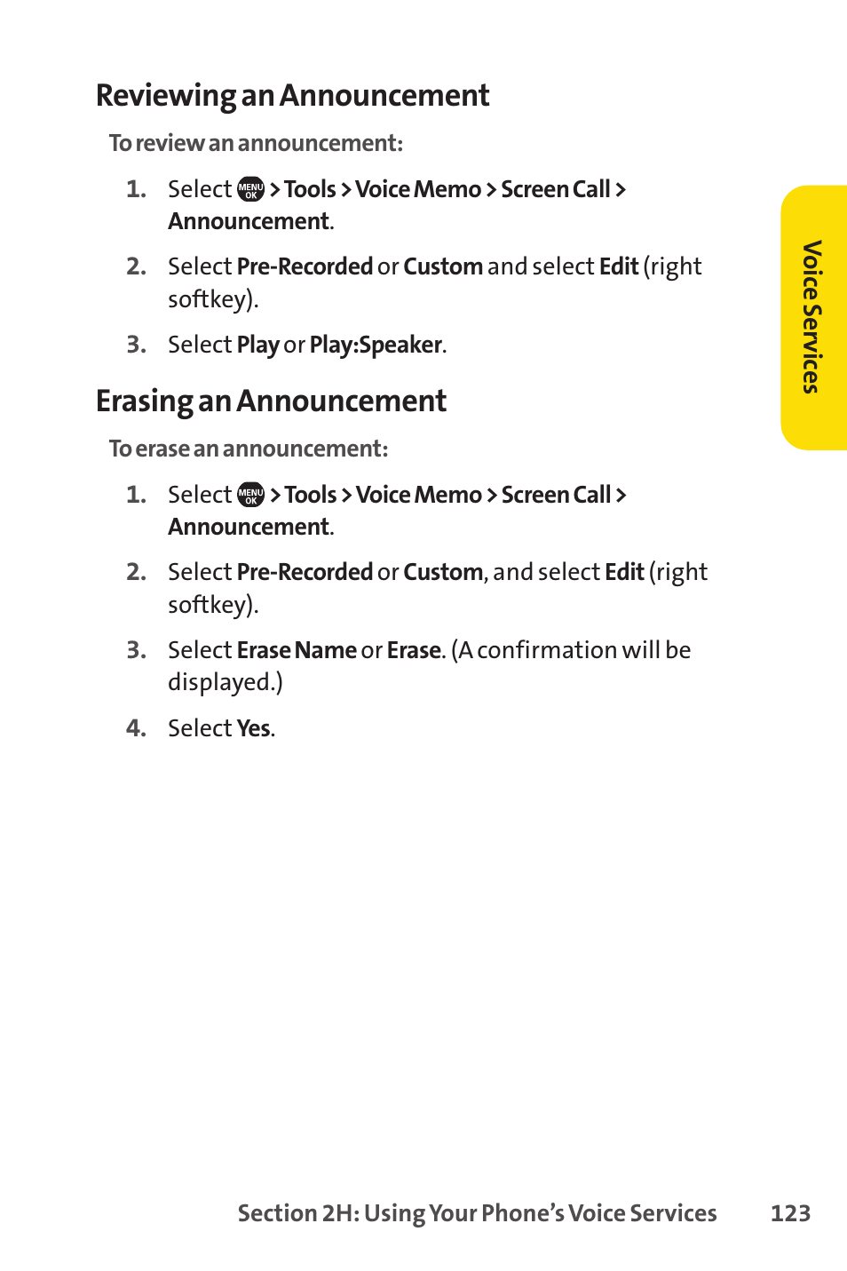 Reviewing an announcement, Erasing an announcement | Sprint Nextel Telephone User Manual | Page 139 / 236