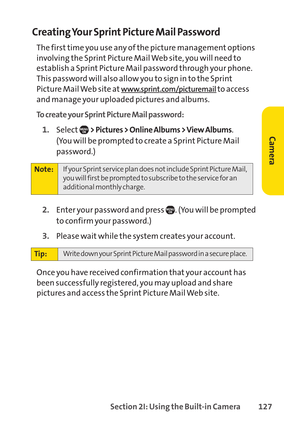 Creating your sprint picture mail password | Sprint Nextel Telephone User Manual | Page 143 / 236