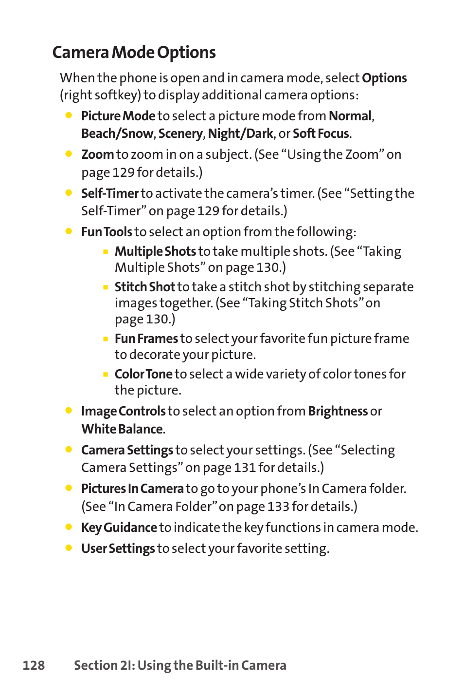 Camera mode options, Fun tools to select an option from the following, User settings to select your favorite setting | Sprint Nextel Telephone User Manual | Page 144 / 236