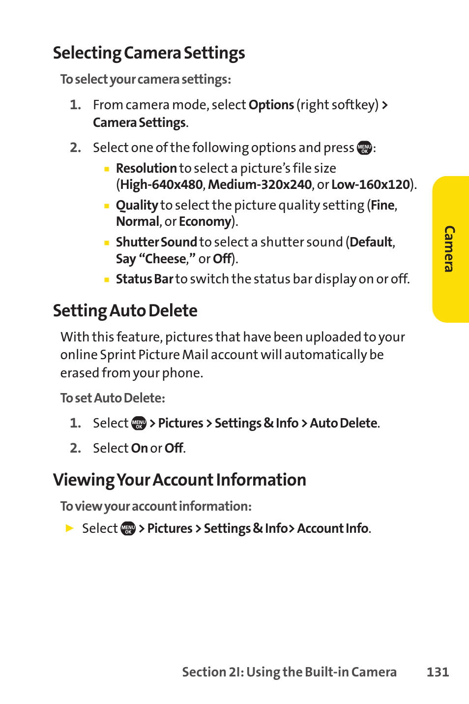 Selecting camera settings, Setting auto delete, Viewing your account information | Sprint Nextel Telephone User Manual | Page 147 / 236