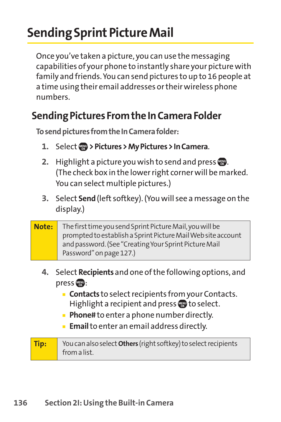 Sending sprint picture mail, Sending pictures from the in camera folder | Sprint Nextel Telephone User Manual | Page 152 / 236