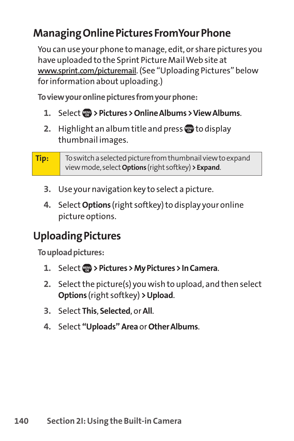 Managing online pictures fromyour phone, Uploading pictures | Sprint Nextel Telephone User Manual | Page 156 / 236