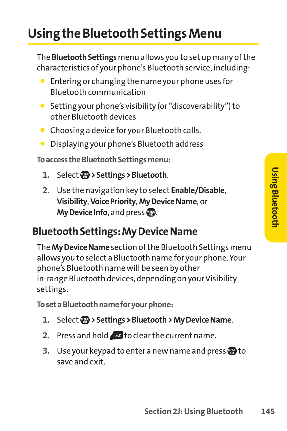 Using the bluetooth settings menu, Bluetooth settings: my device name | Sprint Nextel Telephone User Manual | Page 161 / 236
