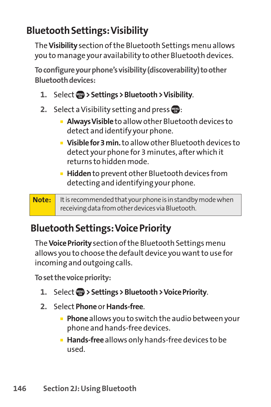 Bluetooth settings: visibility, Bluetooth settings: voice priority | Sprint Nextel Telephone User Manual | Page 162 / 236