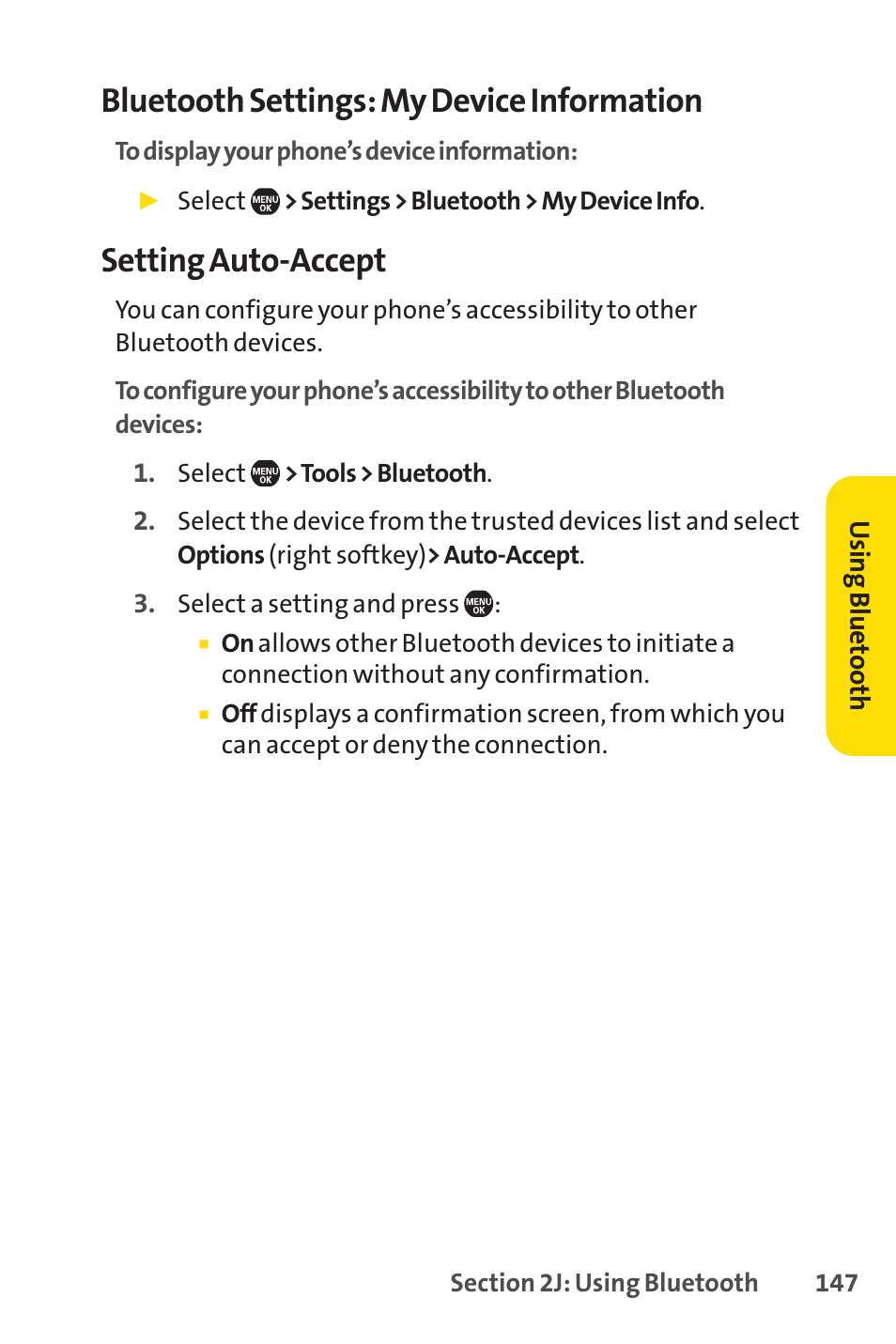 Bluetooth settings: my device information, Setting auto-accept | Sprint Nextel Telephone User Manual | Page 163 / 236