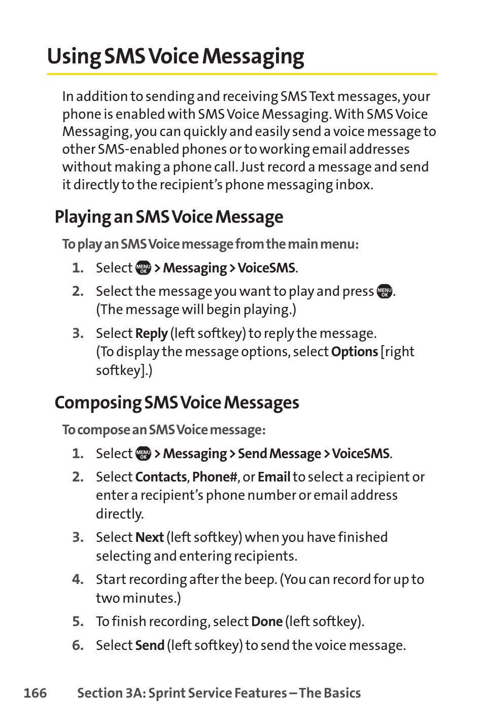 Using sms voice messaging, Playing an sms voice message, Composing sms voice messages | Sprint Nextel Telephone User Manual | Page 182 / 236