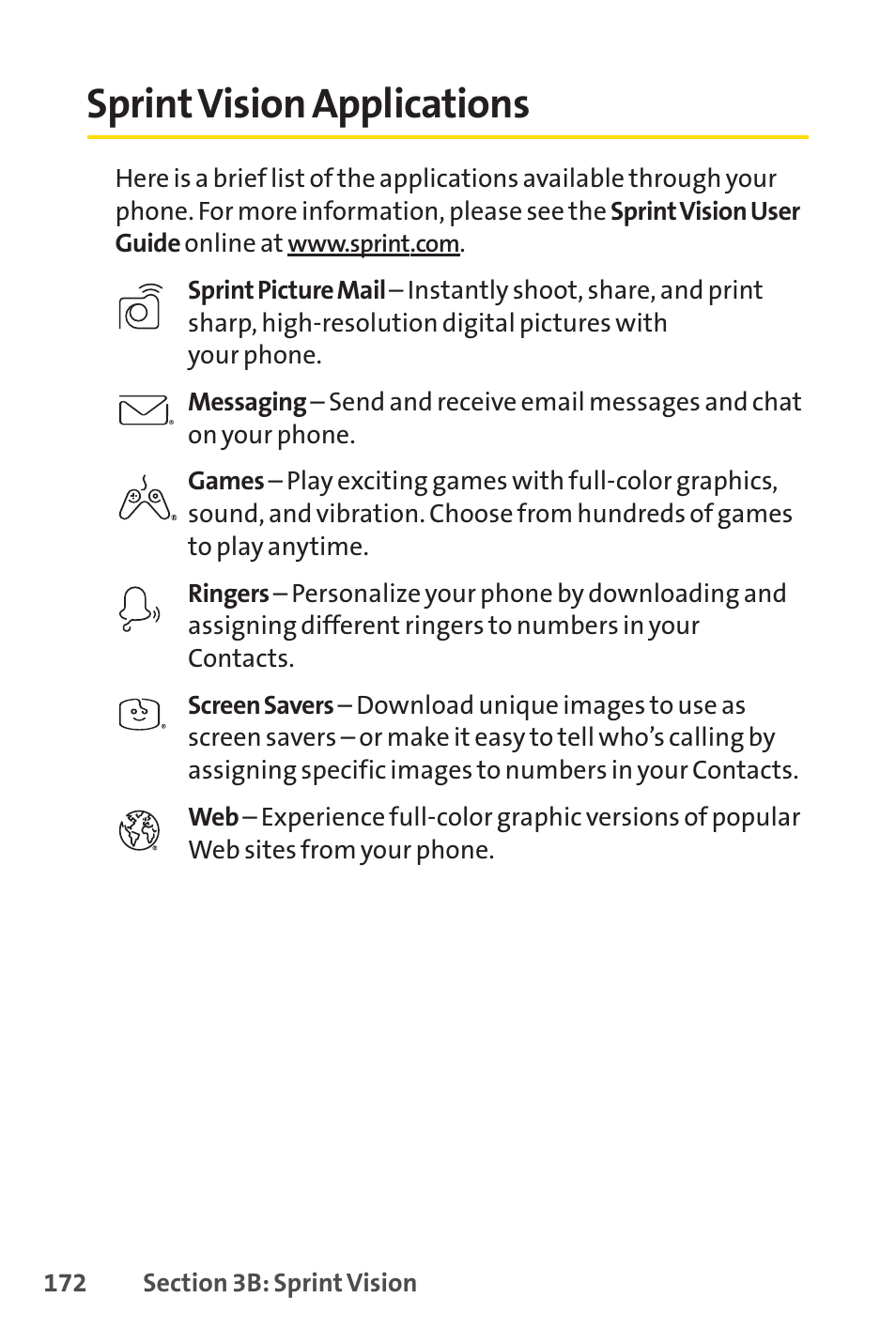 Sprint vision applications, Sprintvision applications | Sprint Nextel Telephone User Manual | Page 188 / 236