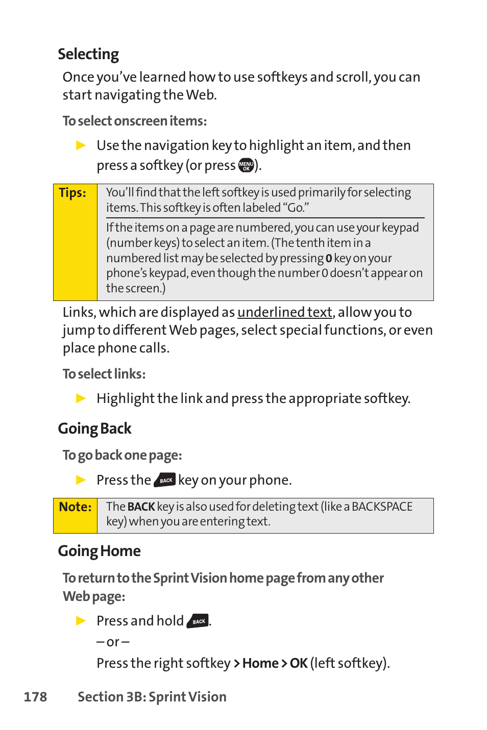 Selecting, Going back, Going home | Sprint Nextel Telephone User Manual | Page 194 / 236