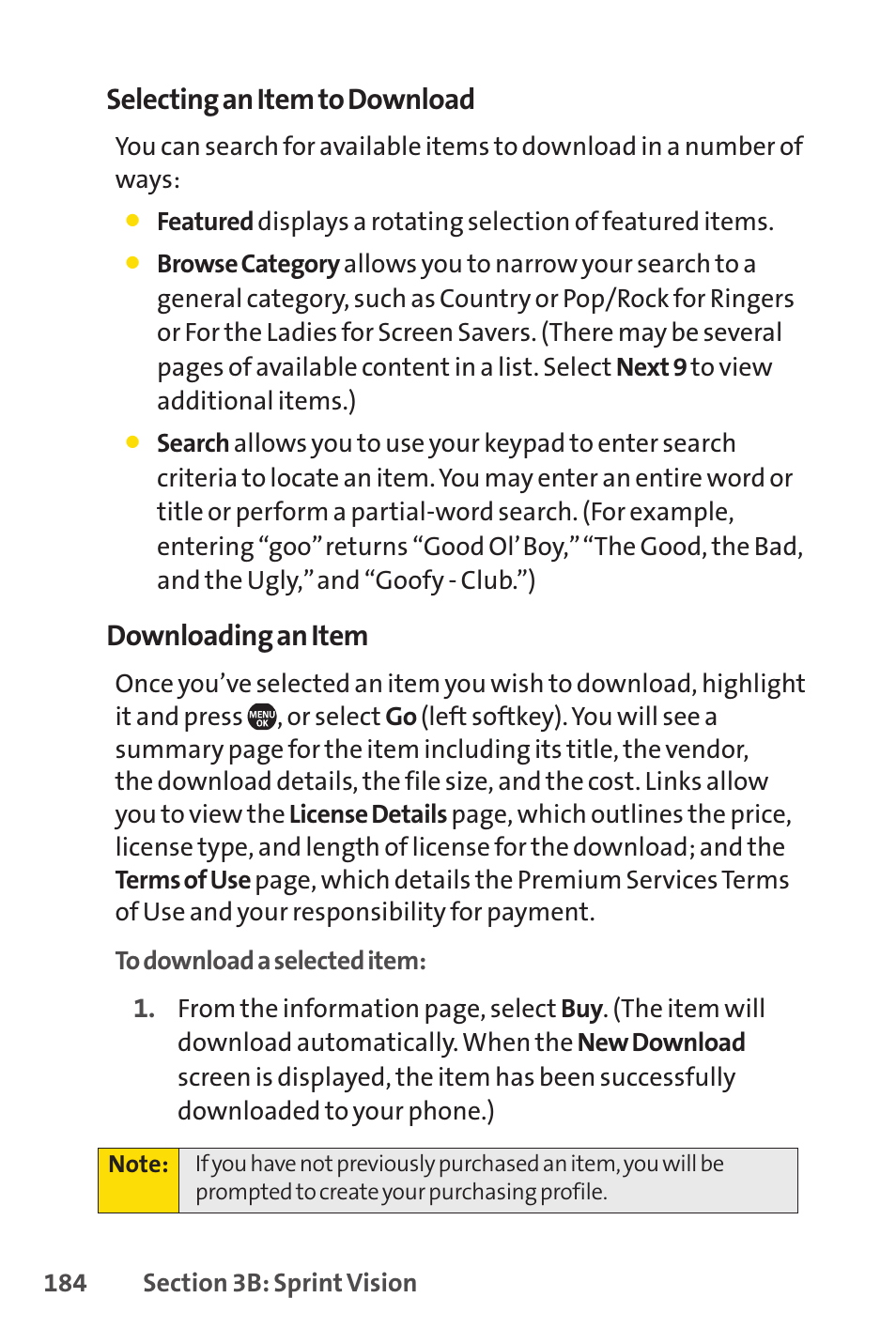 Selecting an item to download, Downloading an item | Sprint Nextel Telephone User Manual | Page 200 / 236