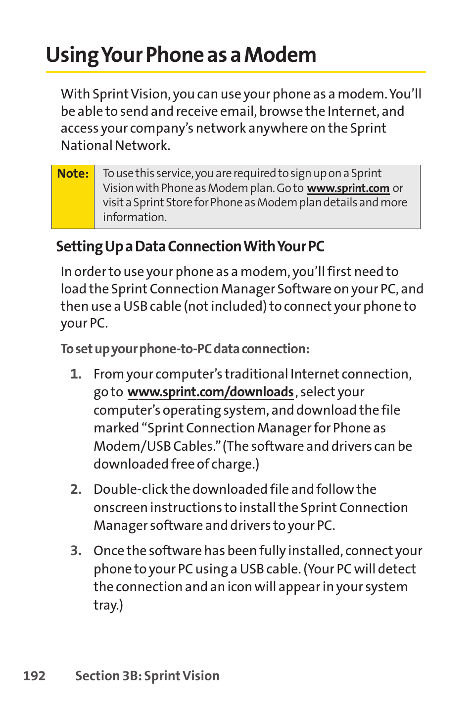 Using your phone as a modem | Sprint Nextel Telephone User Manual | Page 208 / 236