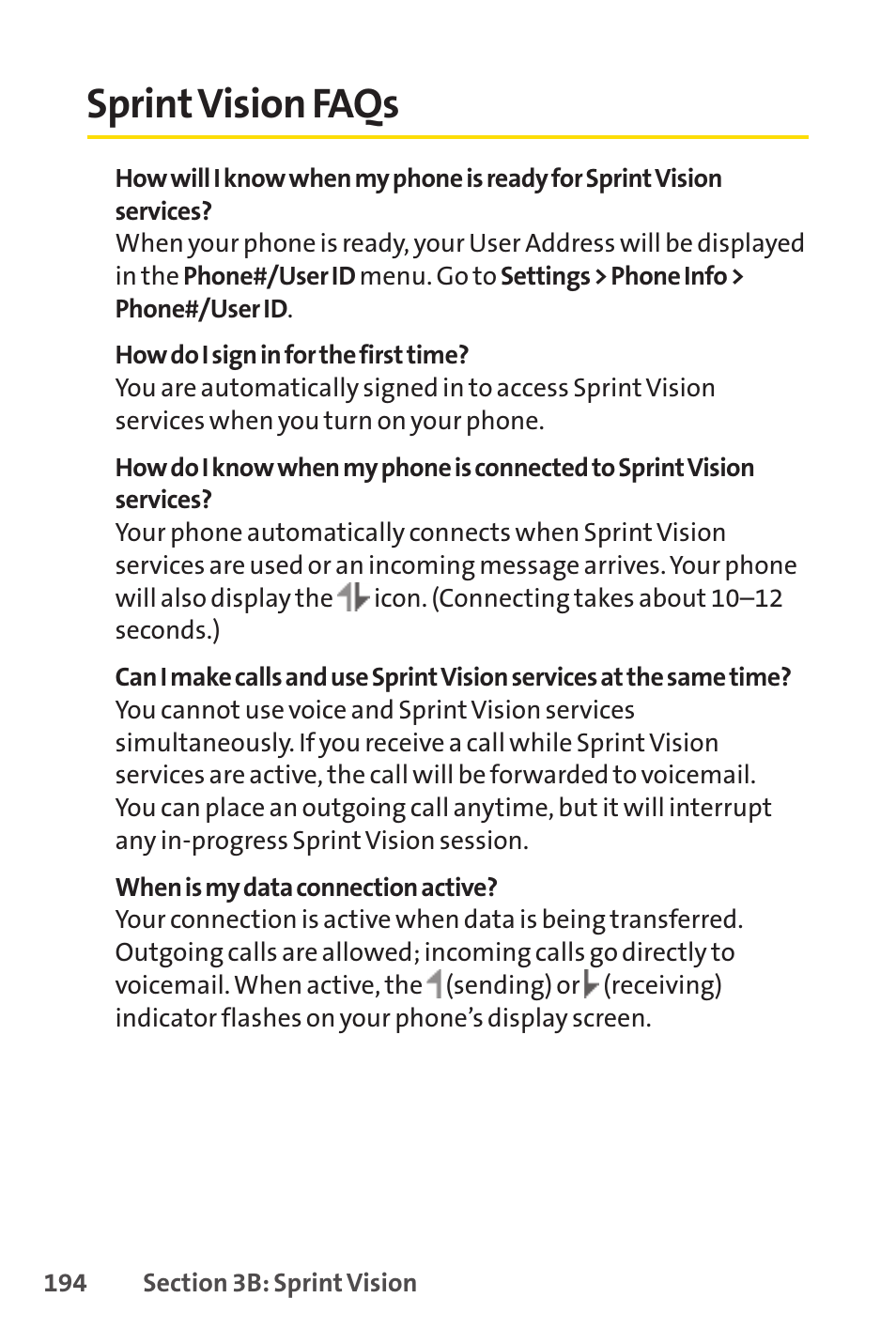 Sprint vision faqs, Sprintvision faqs | Sprint Nextel Telephone User Manual | Page 210 / 236