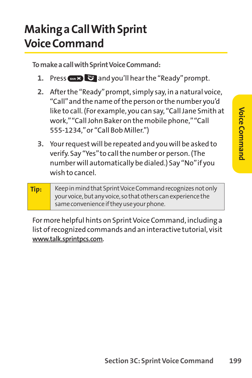 Making a call with sprint voice command | Sprint Nextel Telephone User Manual | Page 215 / 236