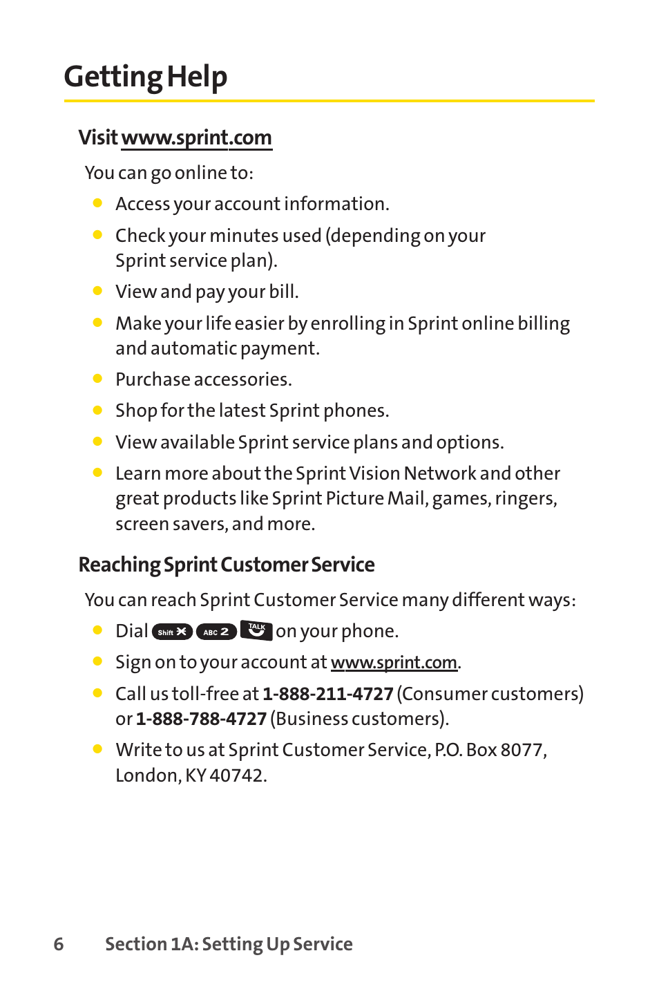 Getting help, Reaching sprint customer service | Sprint Nextel Telephone User Manual | Page 22 / 236