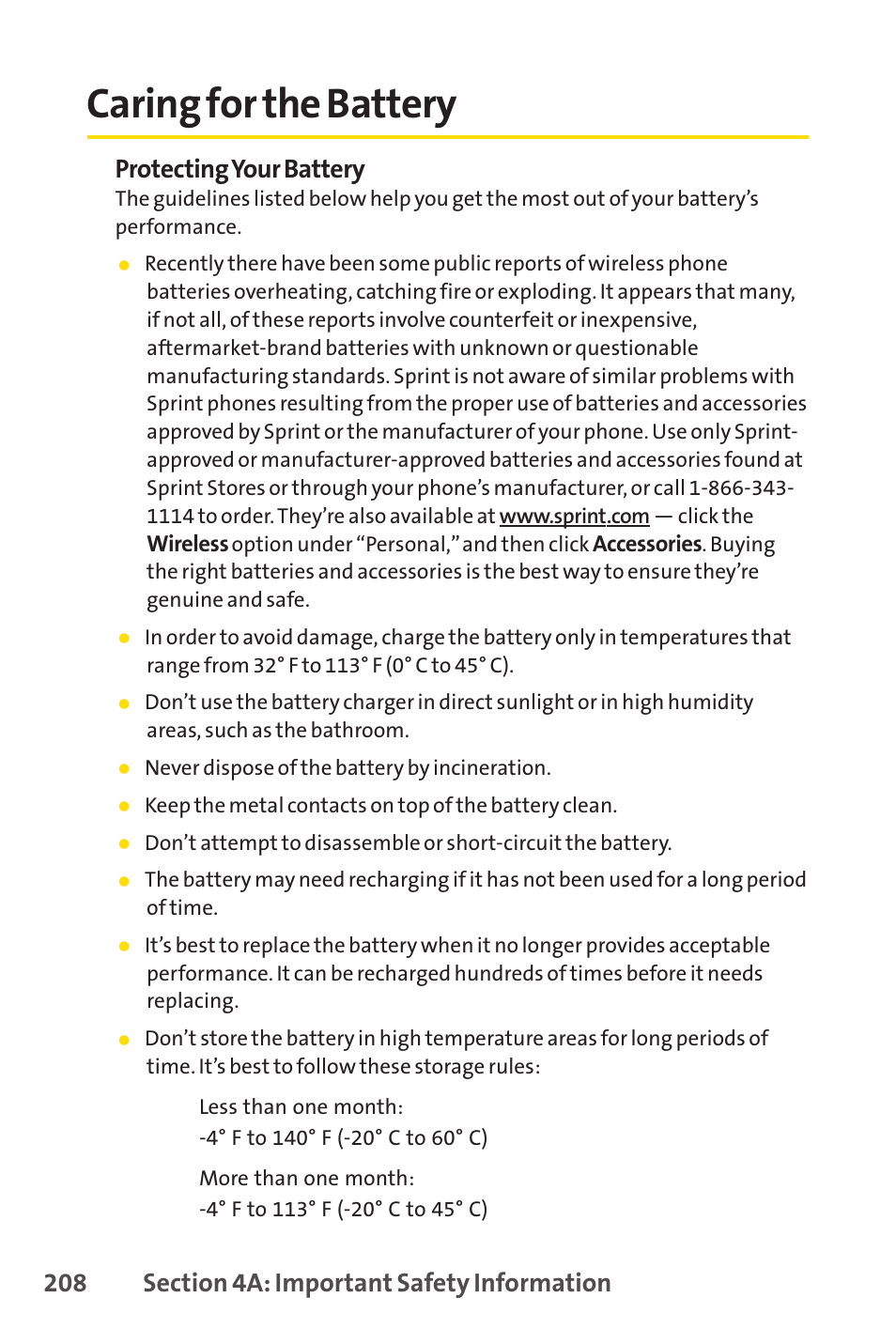 Caring for the battery, Protecting your battery | Sprint Nextel Telephone User Manual | Page 224 / 236