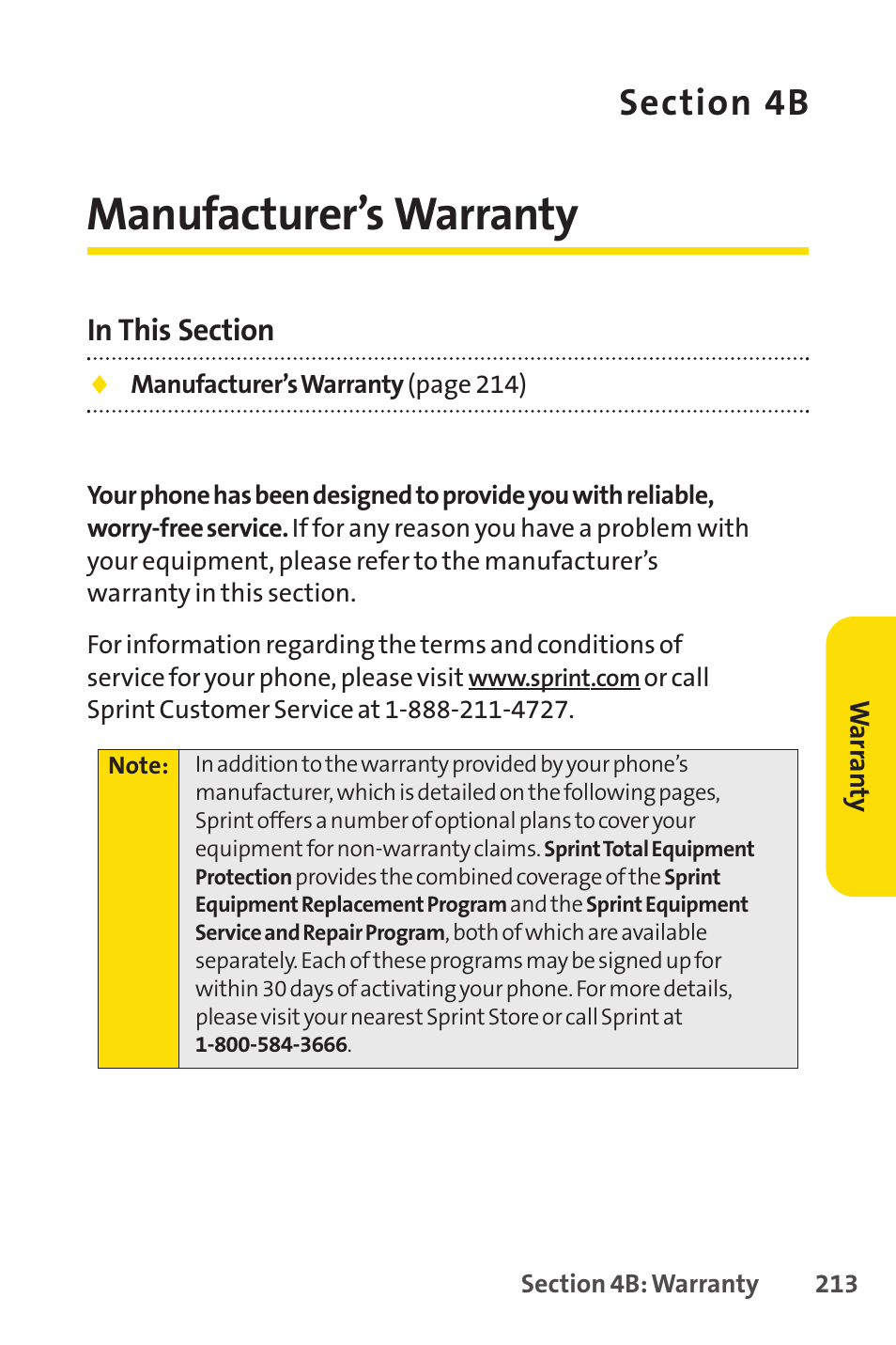 Manufacturer's warranty, Manufacturer’s warranty | Sprint Nextel Telephone User Manual | Page 229 / 236