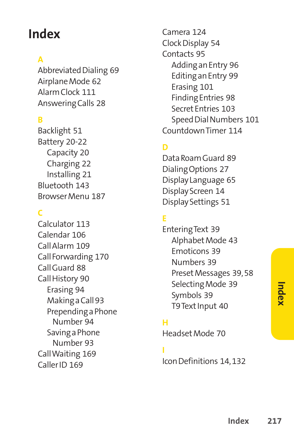 Index | Sprint Nextel Telephone User Manual | Page 233 / 236