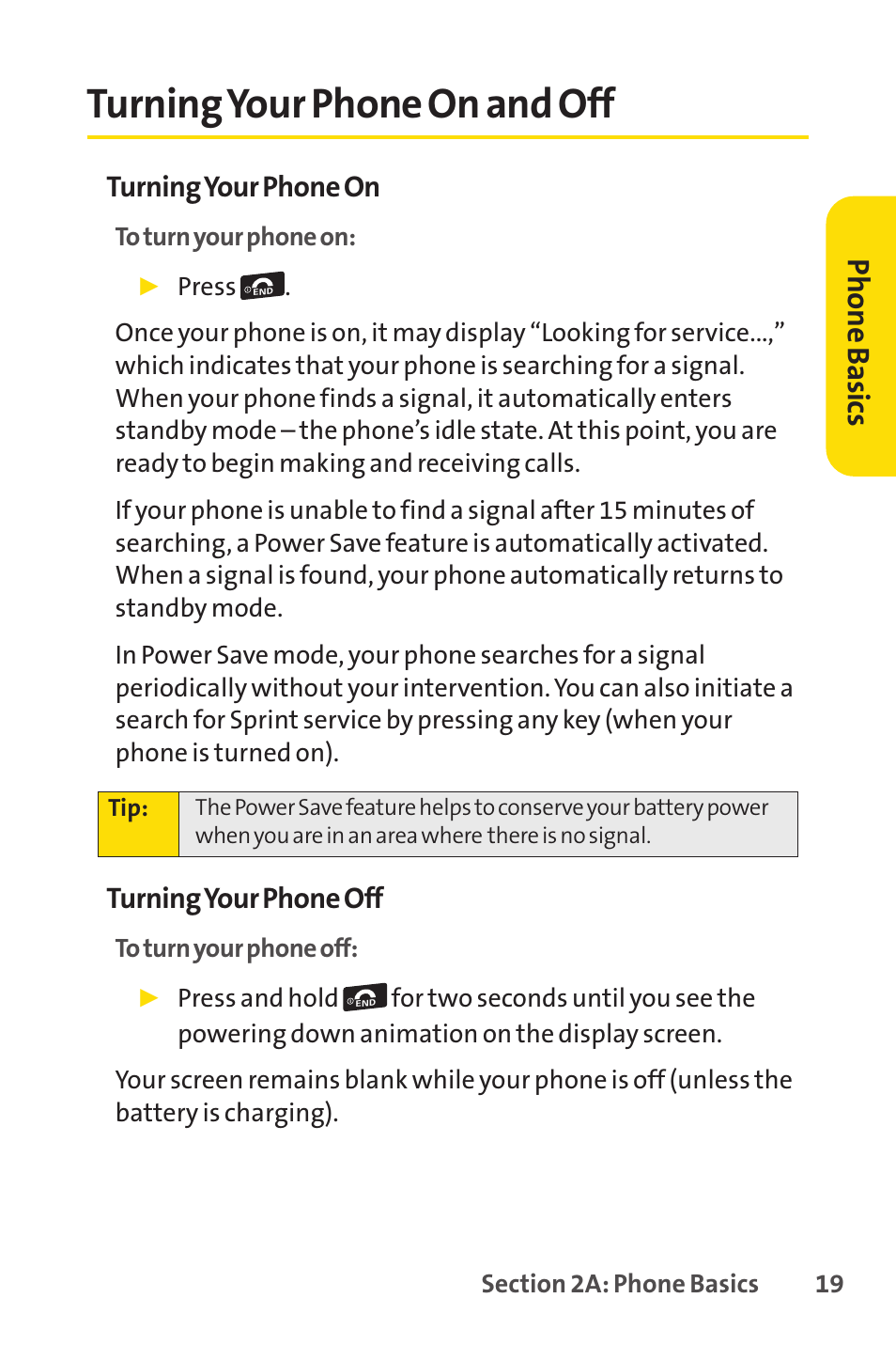 Turning your phone on and off, Ph on e b as ics | Sprint Nextel Telephone User Manual | Page 35 / 236