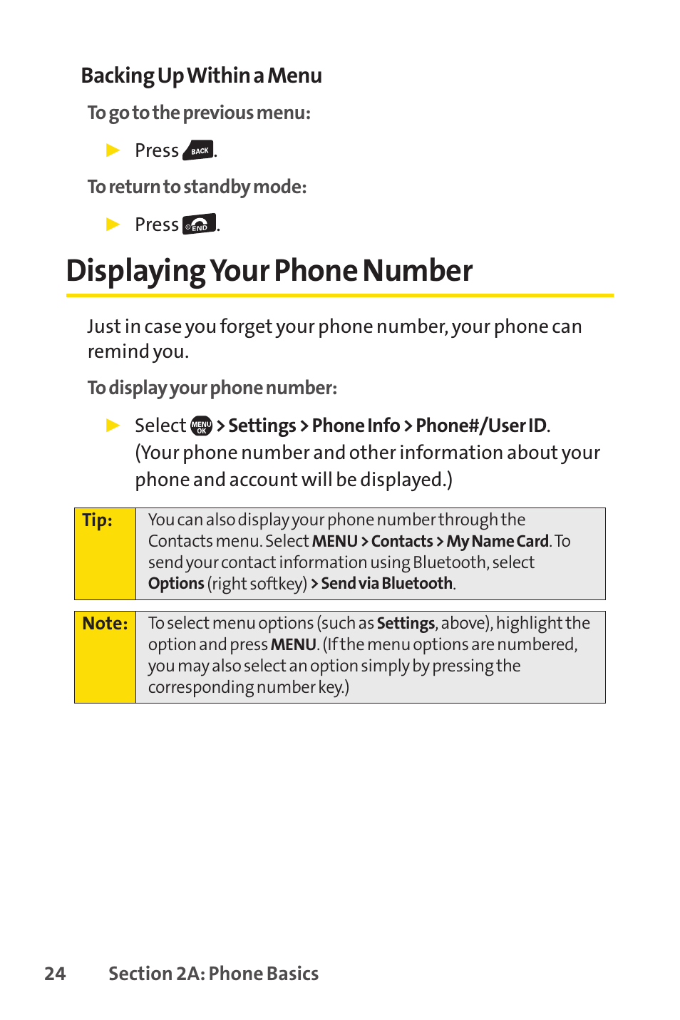 Displaying your phone number, Backing up within a menu | Sprint Nextel Telephone User Manual | Page 40 / 236