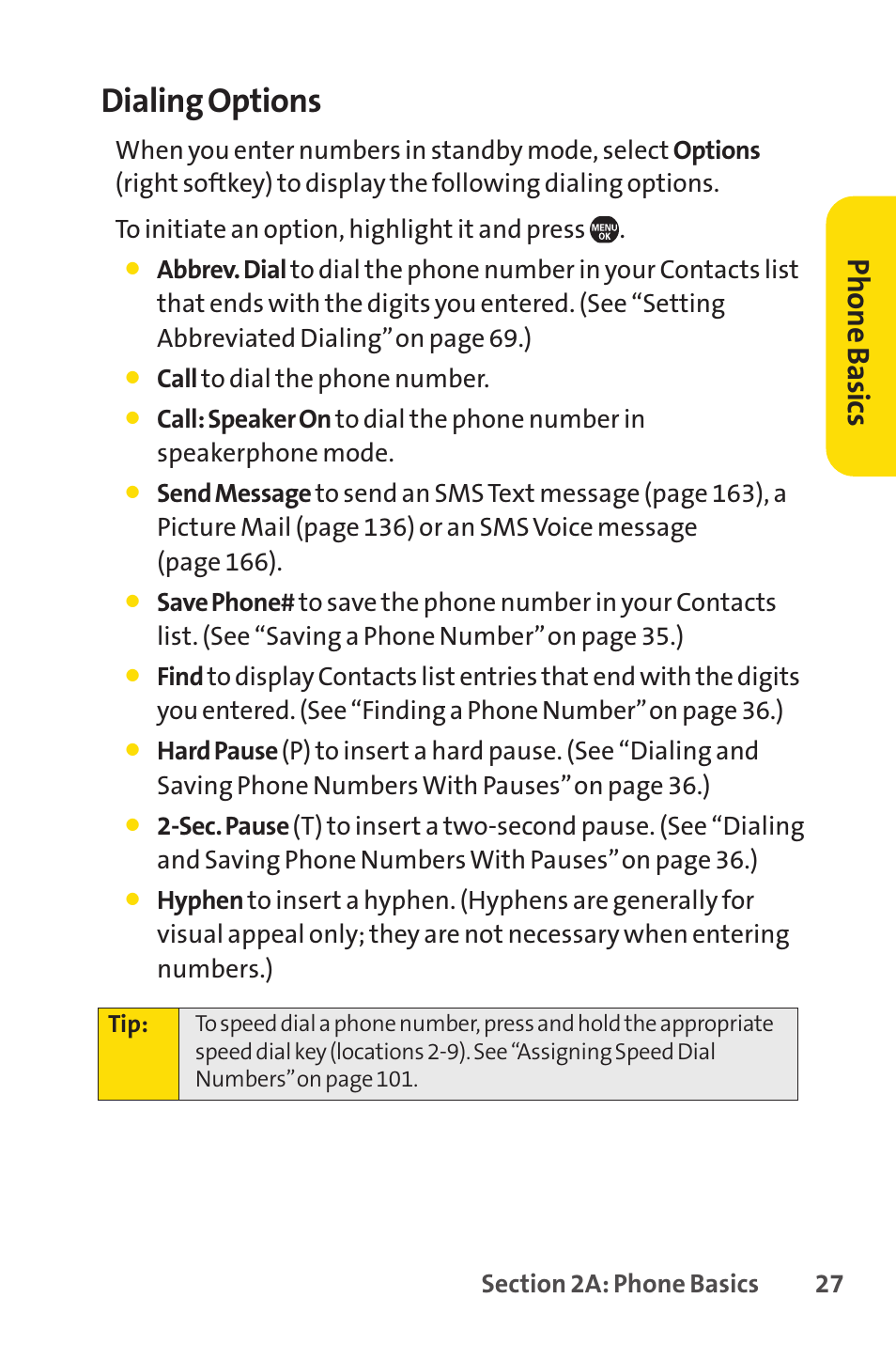 Dialing options, Ph on e b as ics | Sprint Nextel Telephone User Manual | Page 43 / 236