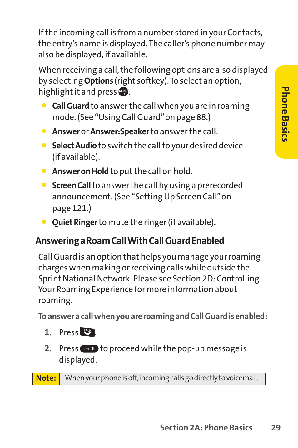 Ph on e b as ics, Answering a roam call with call guard enabled | Sprint Nextel Telephone User Manual | Page 45 / 236