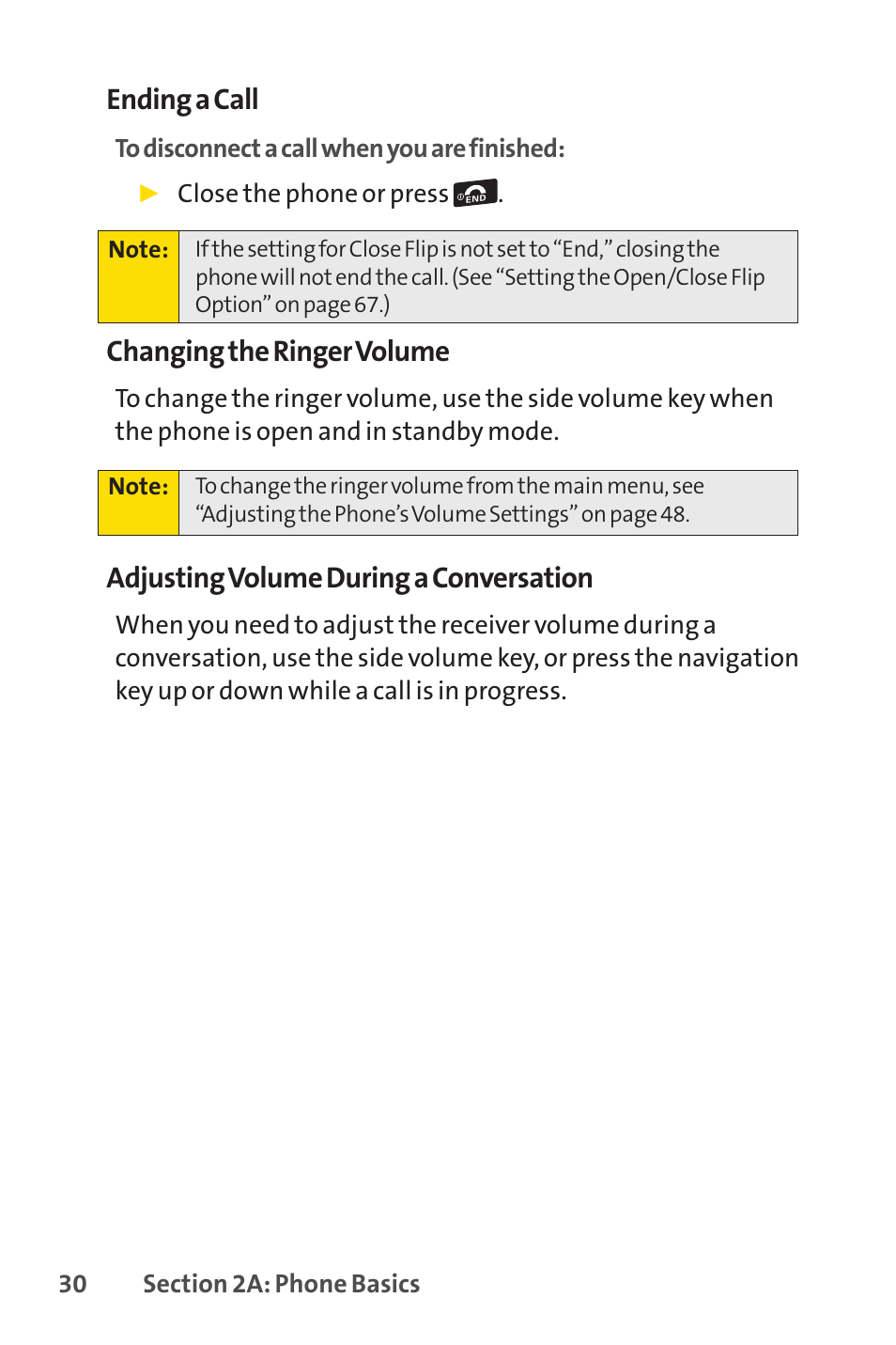 Ending a call, Changing the ringer volume, Adjusting volume during a conversation | Sprint Nextel Telephone User Manual | Page 46 / 236