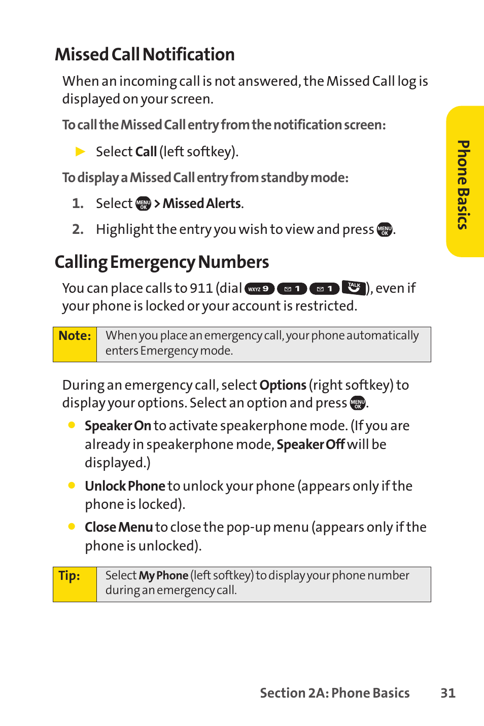 Missed call notification, Calling emergency numbers, Ph on e b as ics | Sprint Nextel Telephone User Manual | Page 47 / 236