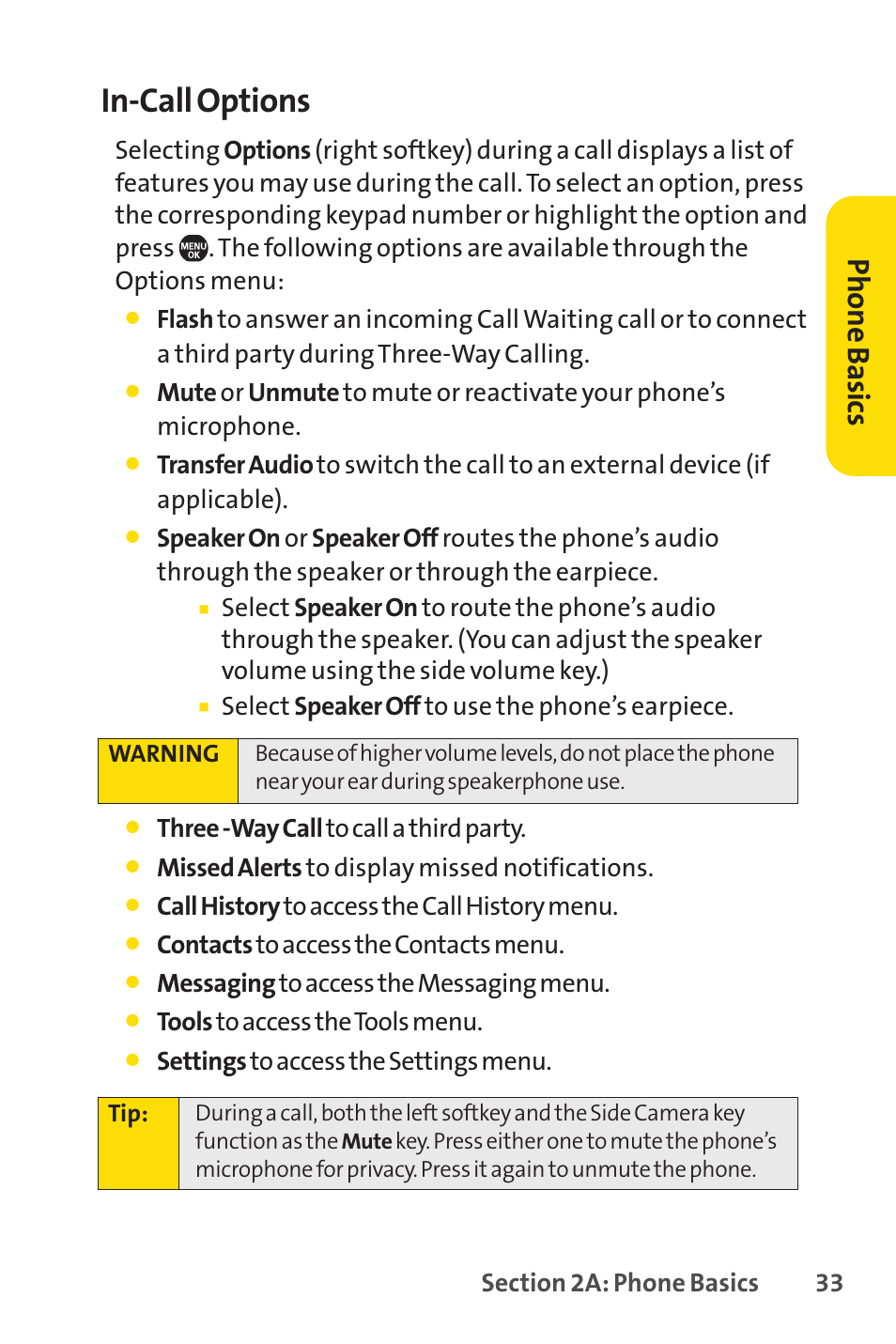 In-call options, Ph on e b as ics | Sprint Nextel Telephone User Manual | Page 49 / 236