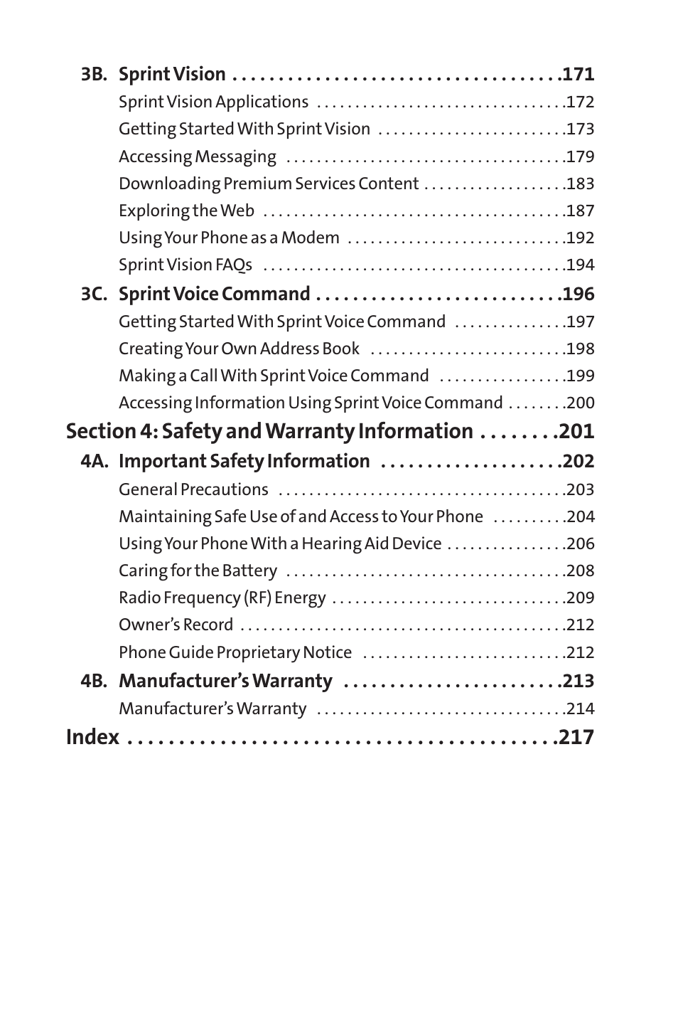 Index | Sprint Nextel Telephone User Manual | Page 5 / 236