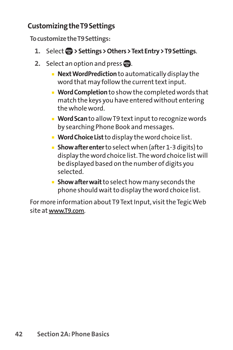 Customizing the t9 settings | Sprint Nextel Telephone User Manual | Page 58 / 236