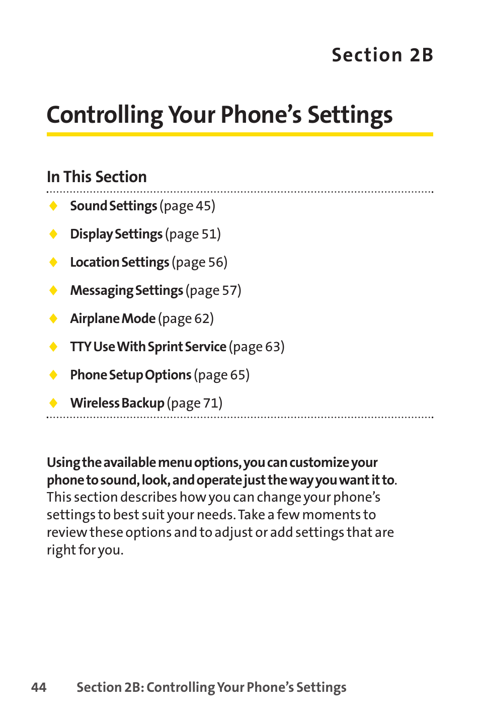 Controlling your phone's settings, Controlling your phone’s settings | Sprint Nextel Telephone User Manual | Page 60 / 236