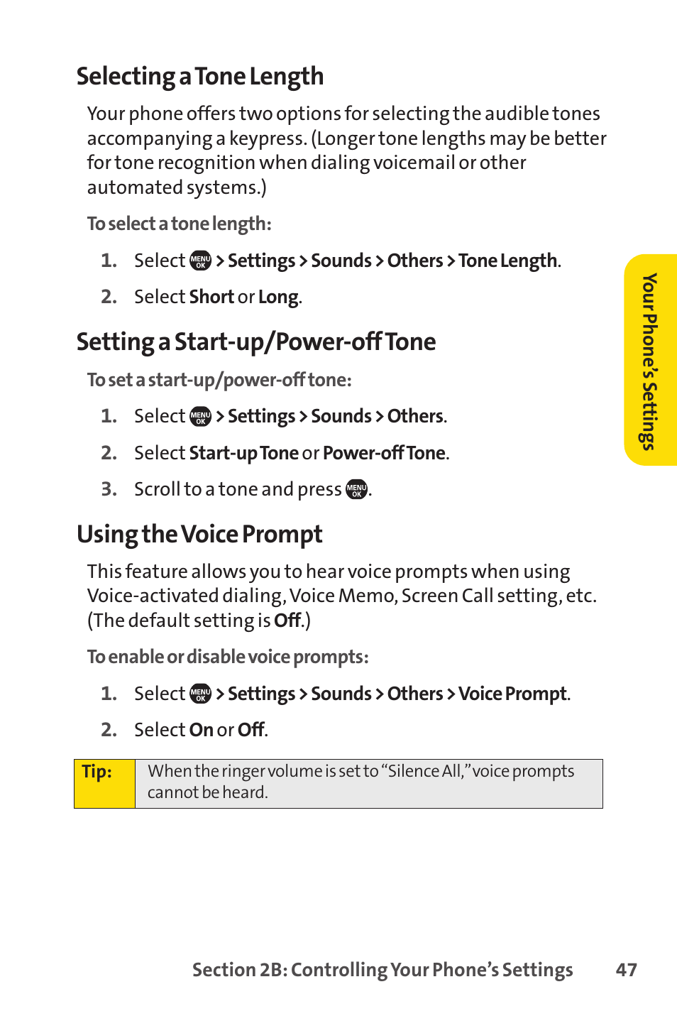 Selecting a tone length, Setting a start-up/power-off tone, Using the voice prompt | Sprint Nextel Telephone User Manual | Page 63 / 236