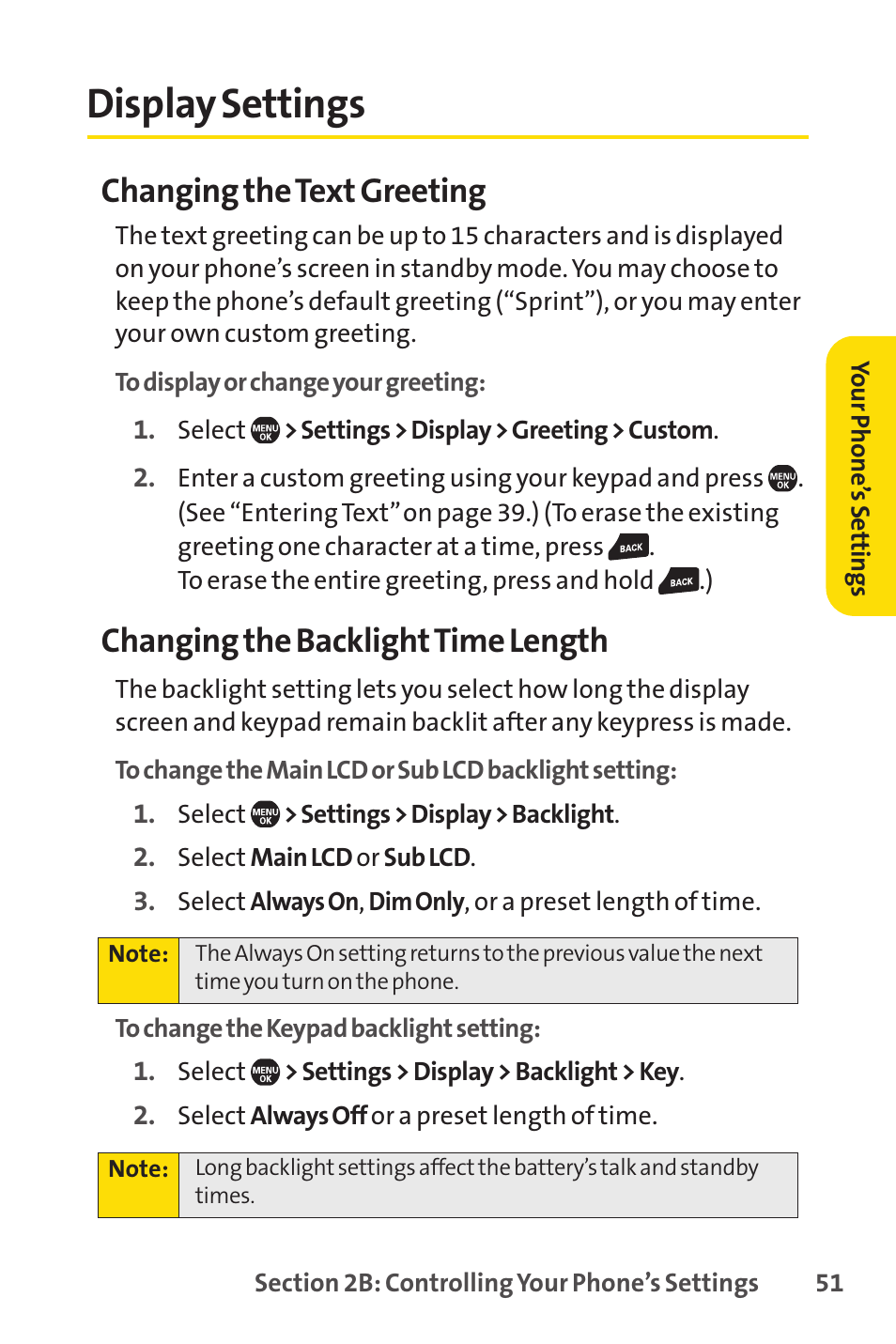 Display settings, Changing the text greeting, Changing the backlighttime length | Sprint Nextel Telephone User Manual | Page 67 / 236