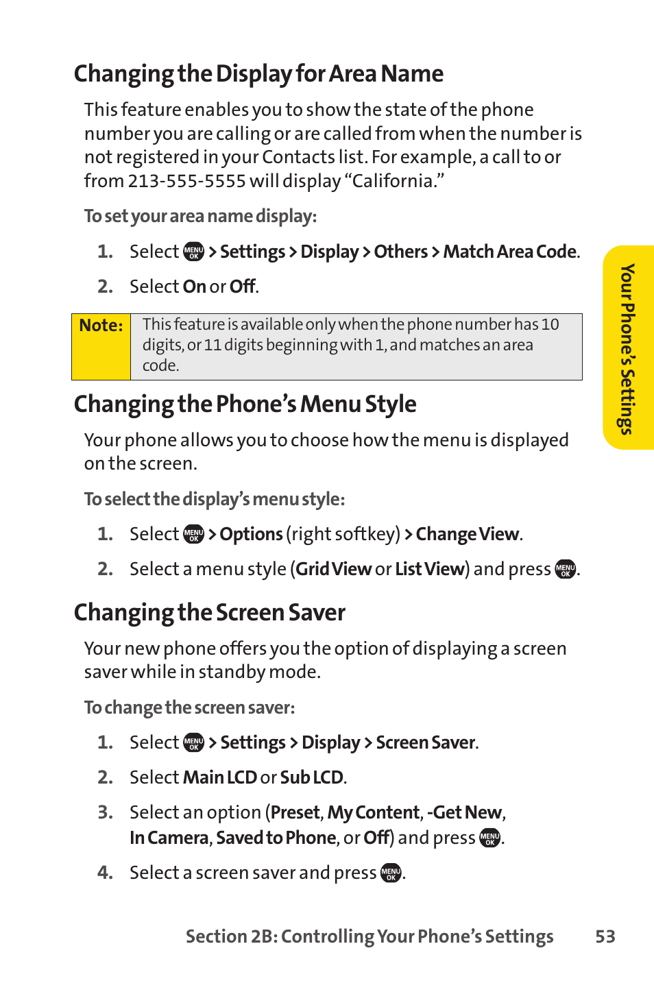 Changing the display for area name, Changing the phone’s menu style, Changing the screen saver | Sprint Nextel Telephone User Manual | Page 69 / 236