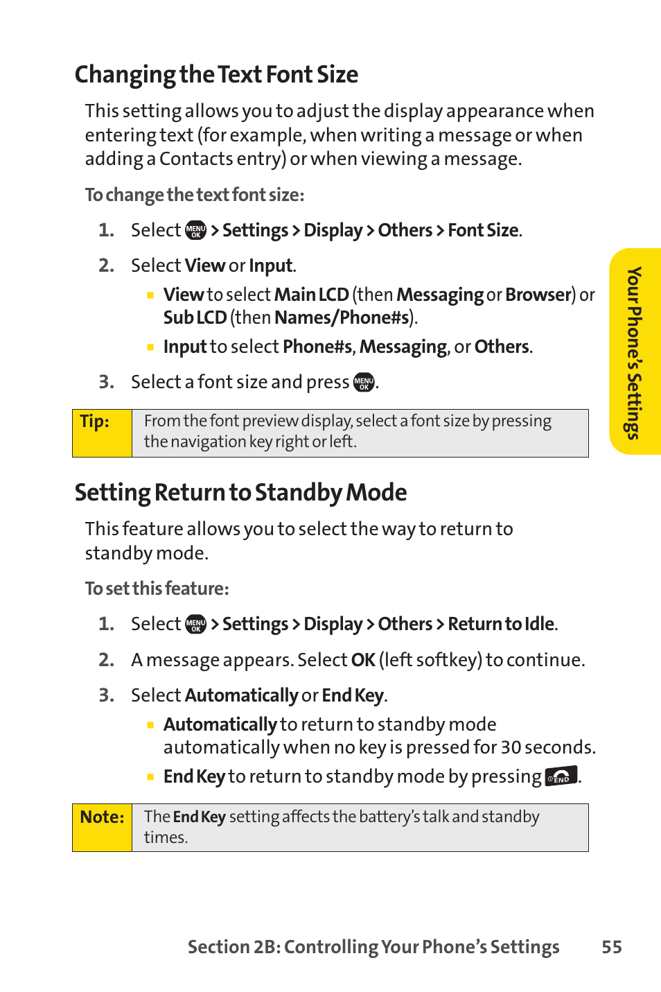 Changing the text font size, Setting return to standby mode | Sprint Nextel Telephone User Manual | Page 71 / 236