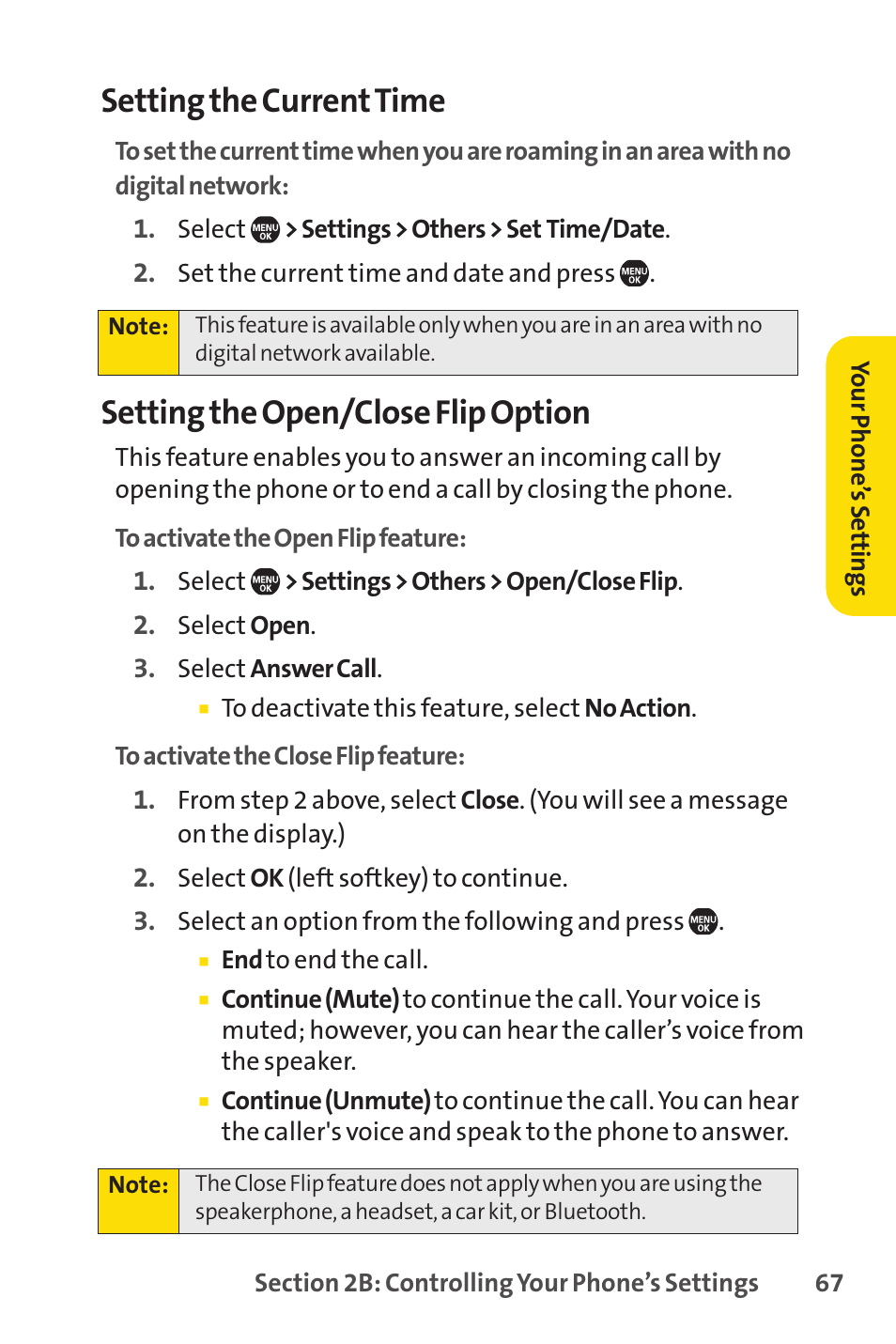 Setting the currenttime, Setting the open/close flip option | Sprint Nextel Telephone User Manual | Page 83 / 236