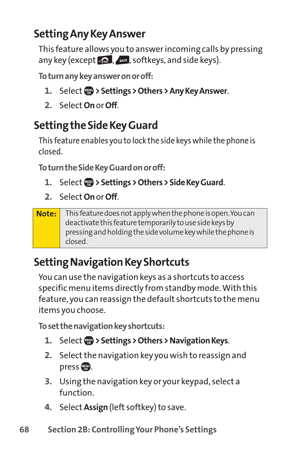 Setting any key answer, Setting the side key guard, Setting navigation key shortcuts | Sprint Nextel Telephone User Manual | Page 84 / 236