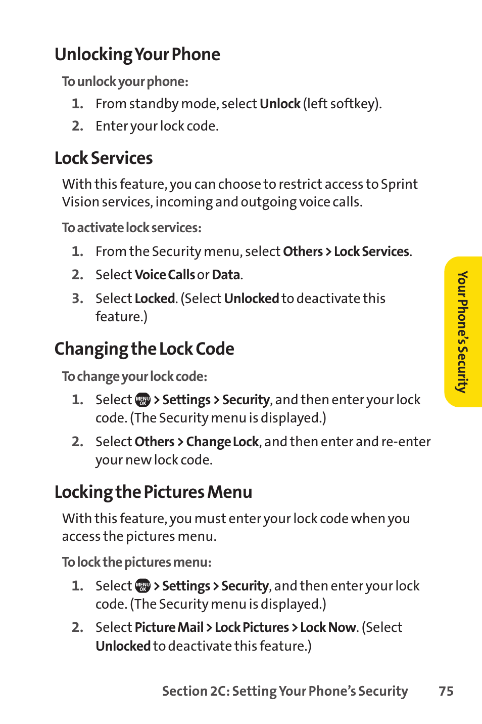 Unlocking your phone, Lock services, Changing the lock code | Locking the pictures menu | Sprint Nextel Telephone User Manual | Page 91 / 236