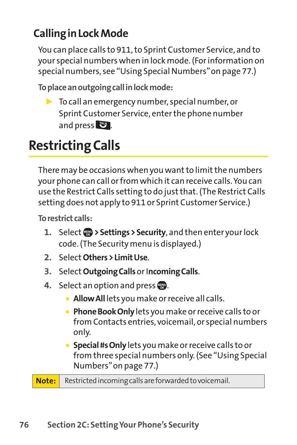 Restricting calls, Calling in lock mode | Sprint Nextel Telephone User Manual | Page 92 / 236