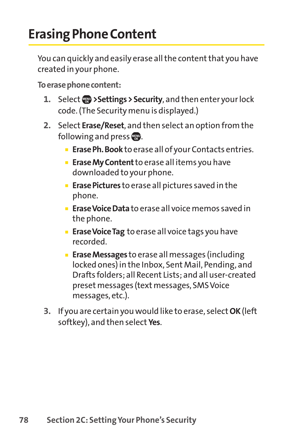 Erasing phone content | Sprint Nextel Telephone User Manual | Page 94 / 236