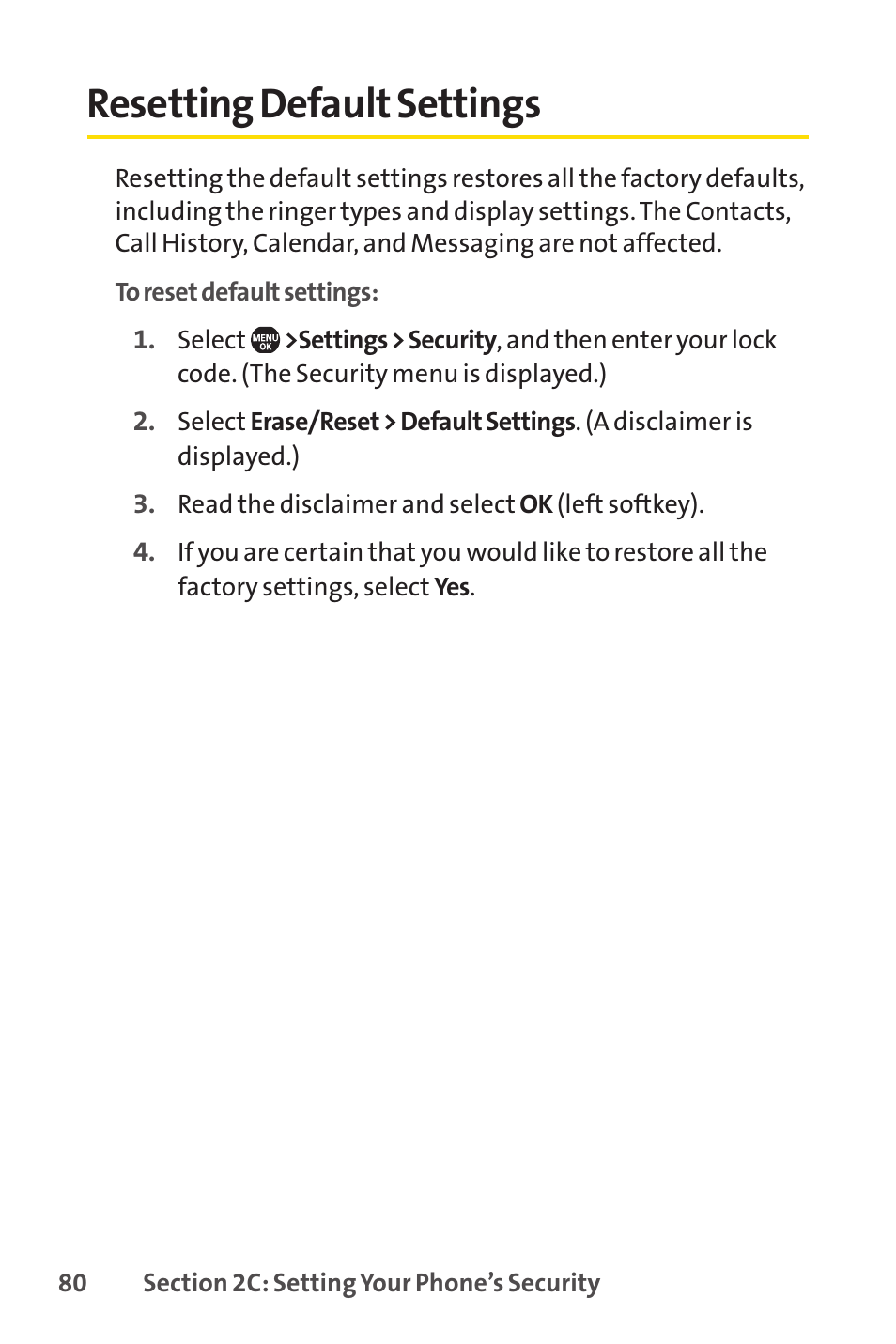 Resetting default settings | Sprint Nextel Telephone User Manual | Page 96 / 236