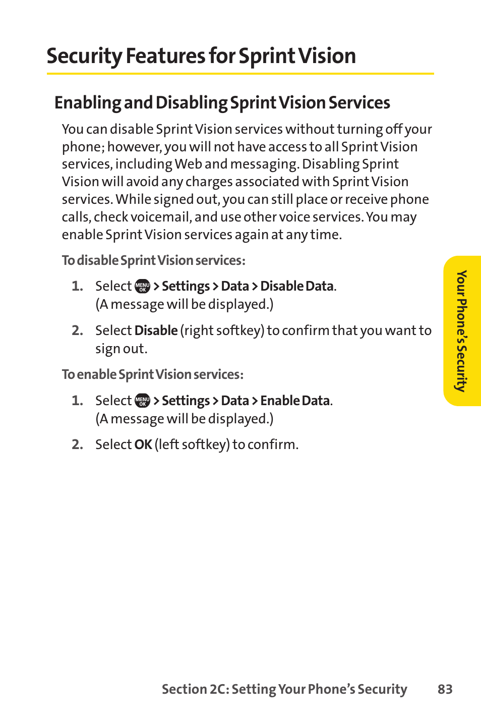 Security features for sprint vision, Security features for sprintvision, Enabling and disabling sprintvision services | Sprint Nextel Telephone User Manual | Page 99 / 236