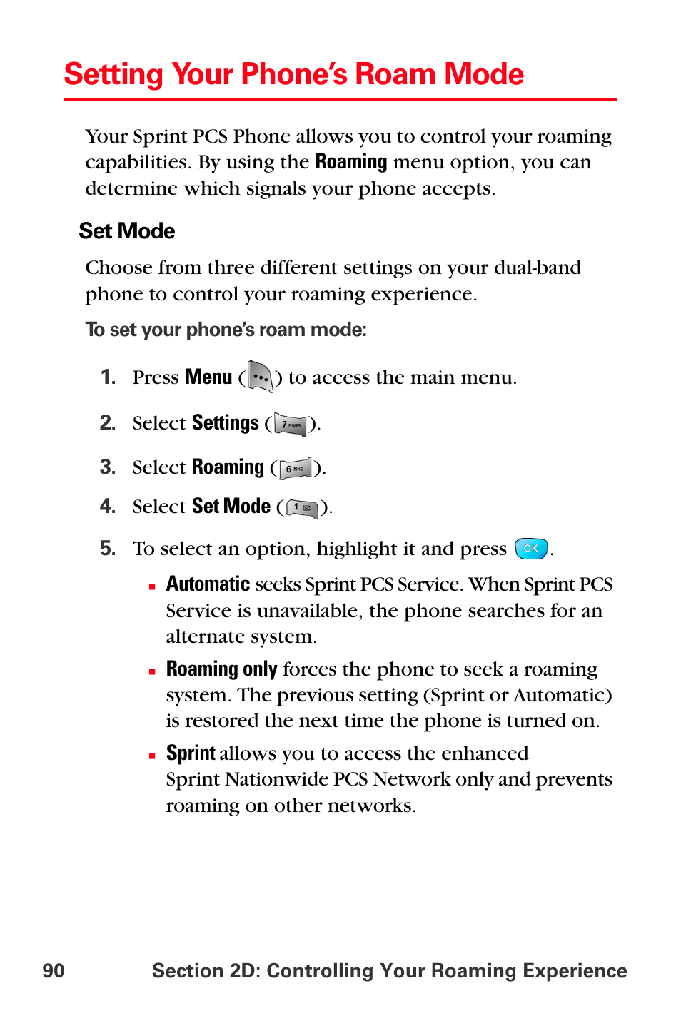 Setting your phone’s roam mode | Sprint Nextel MM-A800 User Manual | Page 104 / 318