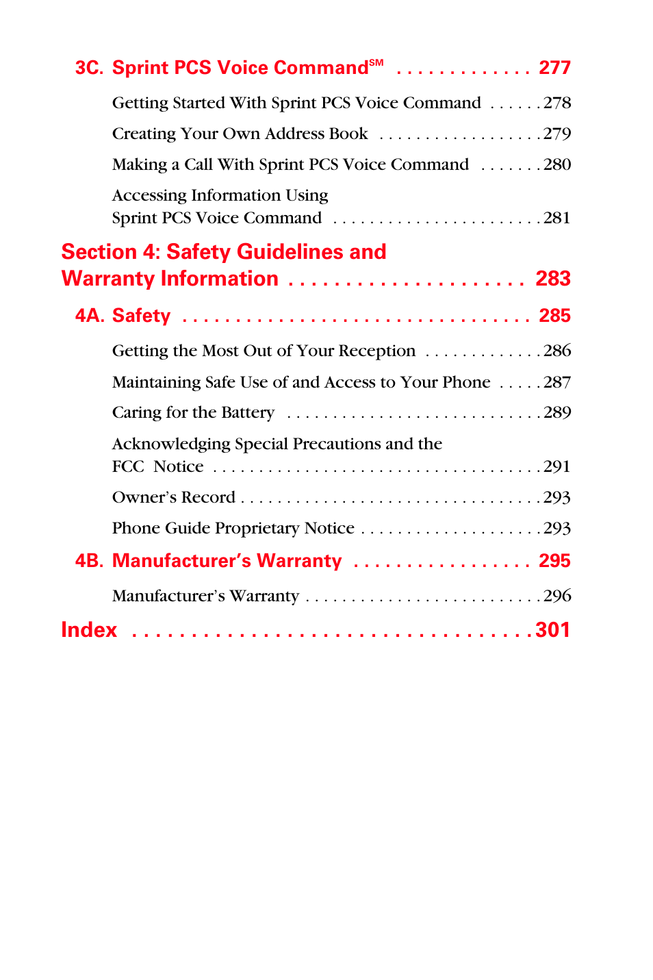 3c. sprint pcs voice commandsm 277, 4a. safety 285, 4b. manufacturer’s warranty 295 | Index | Sprint Nextel MM-A800 User Manual | Page 11 / 318