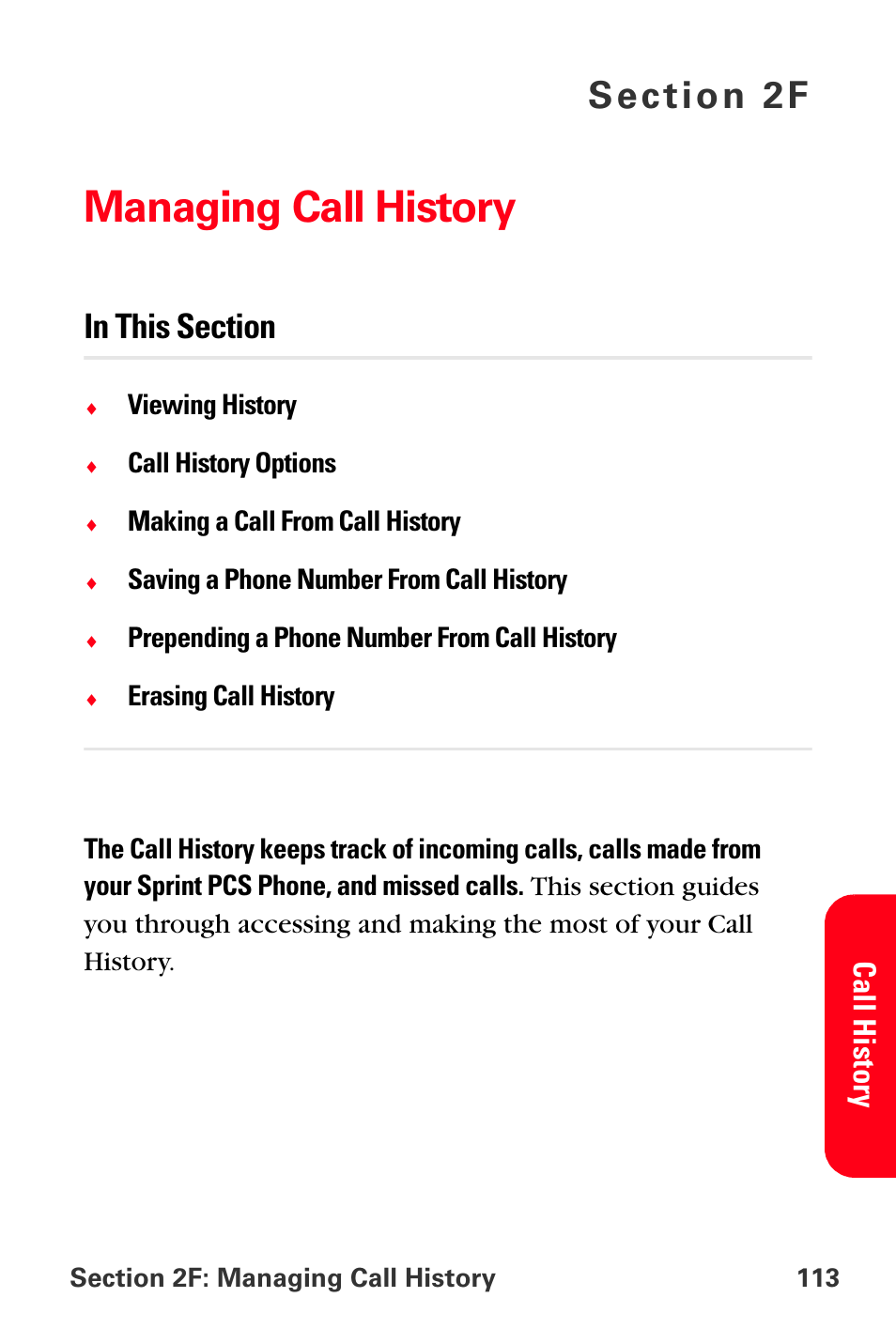 Managing call history, 2f. managing call history, Call hi story | Sprint Nextel MM-A800 User Manual | Page 127 / 318