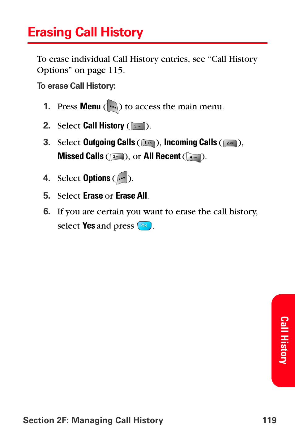 Erasing call history | Sprint Nextel MM-A800 User Manual | Page 133 / 318