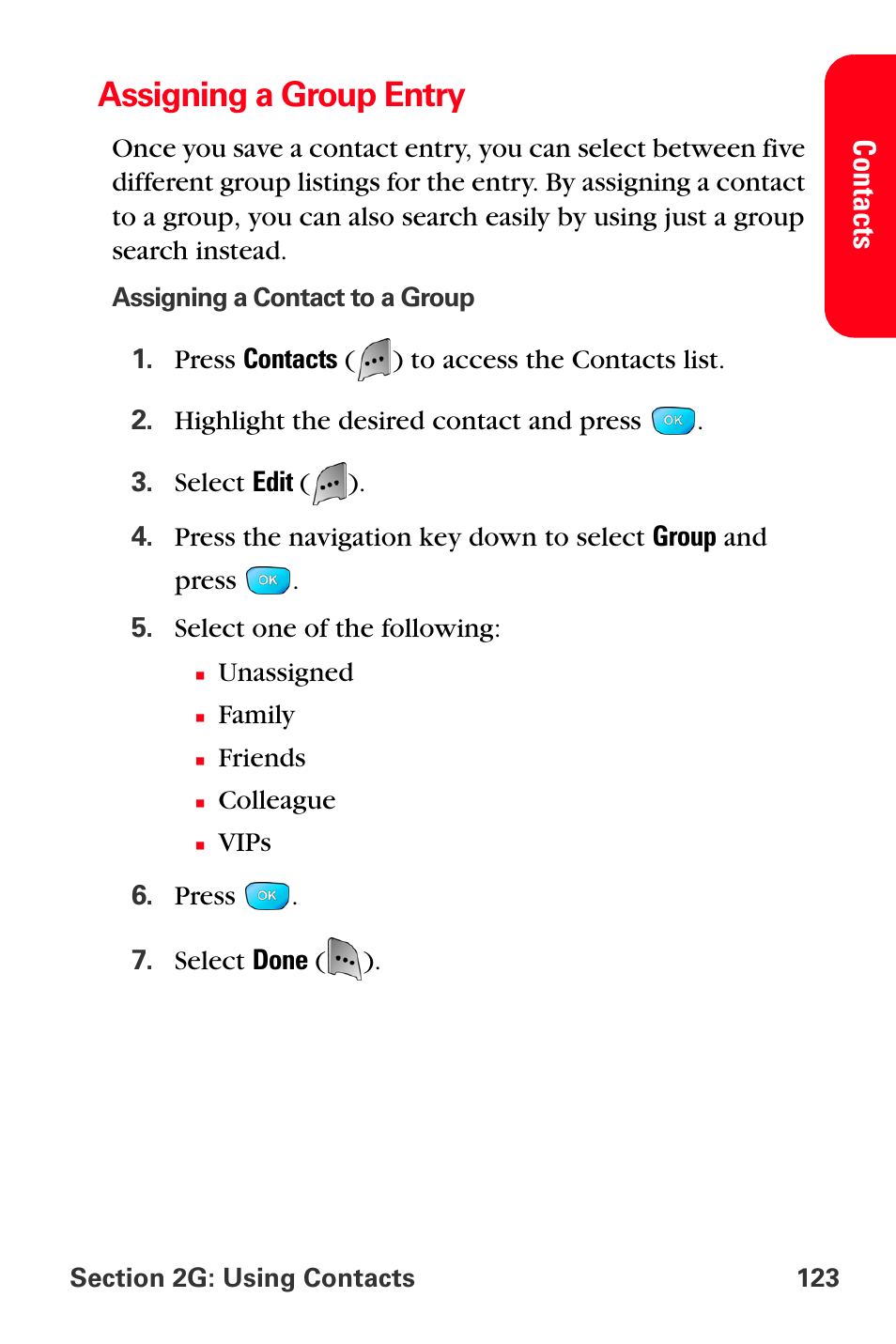 Assigning a group entry, Conta c ts | Sprint Nextel MM-A800 User Manual | Page 137 / 318